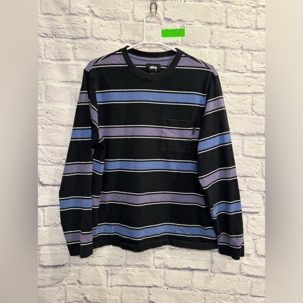 Stussy Black Stripe Long Sleeve Shirt with Blue and Purple Stripes